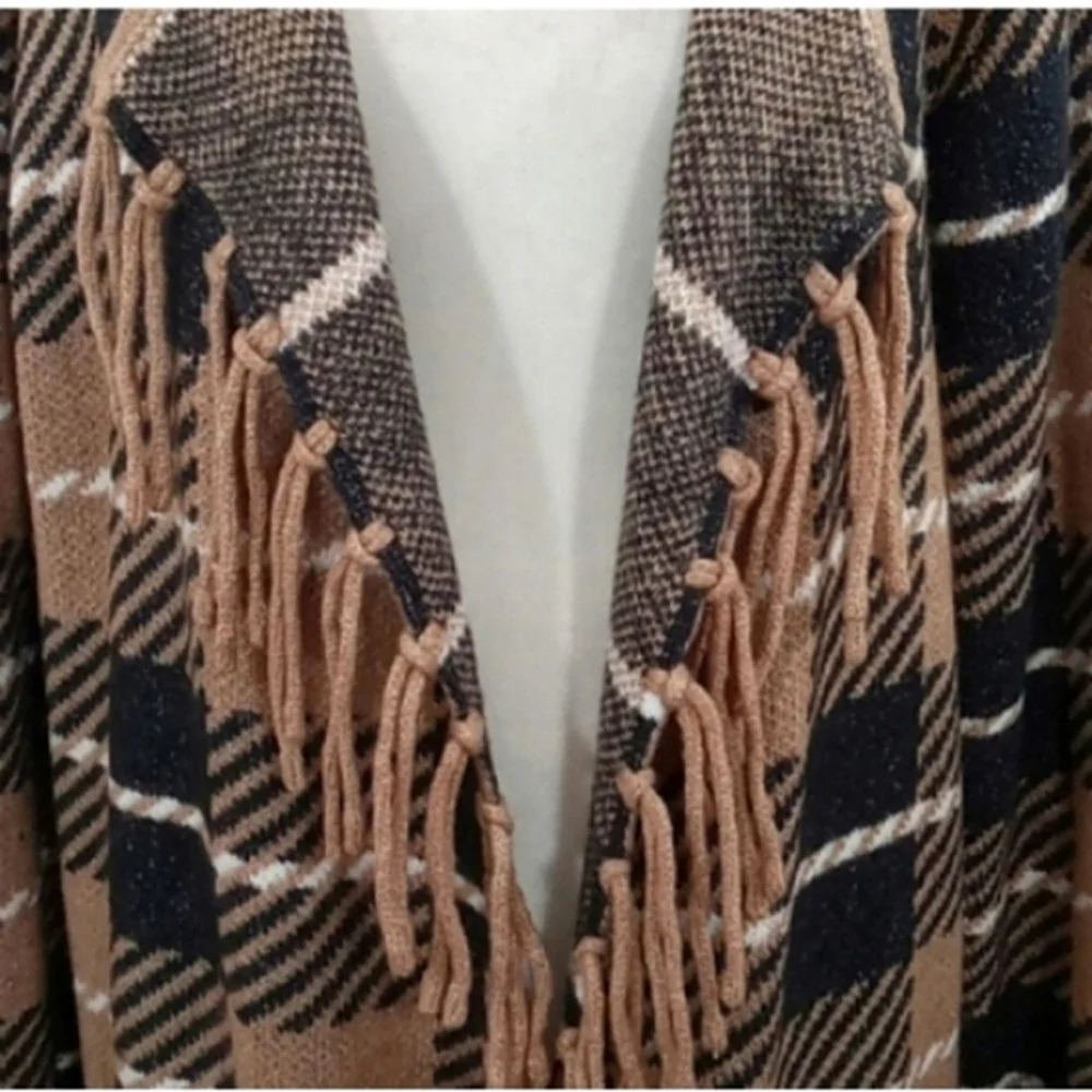 Adrienne Vittadini Fringed Plaid Cardigan/Open Front Duster Size 3X